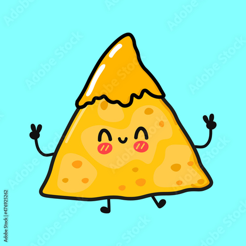 Cute funny nachos character. Vector hand drawn cartoon kawaii illustration icon. Isolated on blue background. Nachos character concept