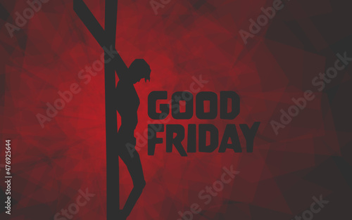 Good Friday stylized text with dark gray silhouetted image of the Crucifixion of Jesus Christ on red geometric background.