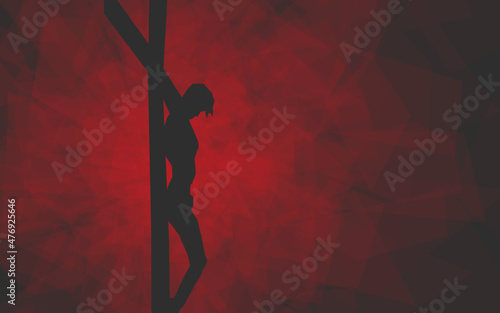 Gray and red geometric silhouette image of the Crucifixion of Jesus Christ with dark red background.