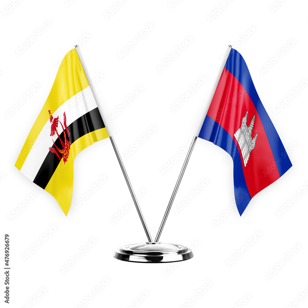 Two table flags isolated on white background 3d illustration, brunei and cambodia Two table flags isolated on white background 3d illustration, brunei and cambodia