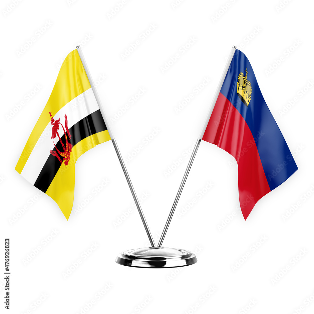 Two table flags isolated on white background 3d illustration, brunei and liechtenstein Two table flags isolated on white background 3d illustration, brunei and liechtenstein