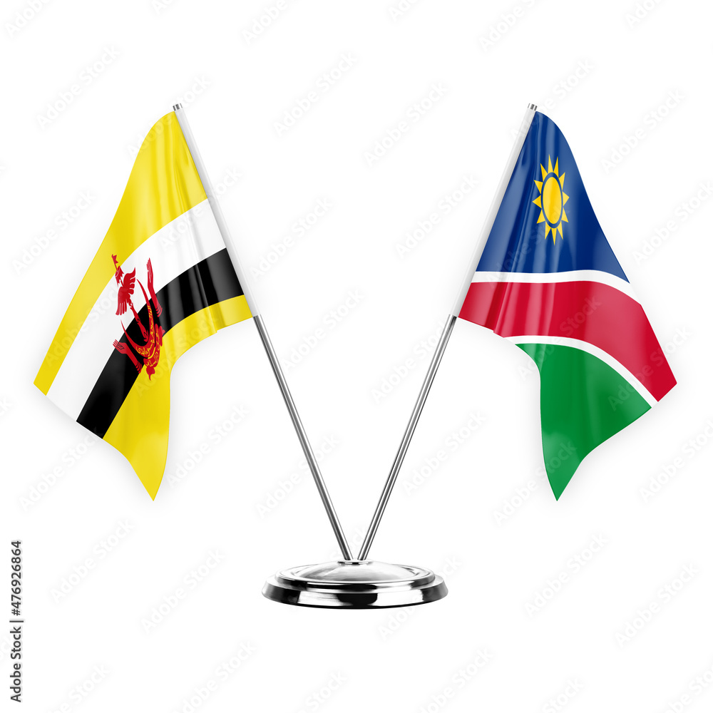 Two table flags isolated on white background 3d illustration, brunei and namibia Two table flags isolated on white background 3d illustration, brunei and namibia