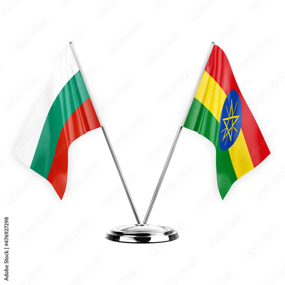 Two table flags isolated on white background 3d illustration, bulgaria and ethiopia Two table flags isolated on white background 3d illustration, bulgaria and ethiopia