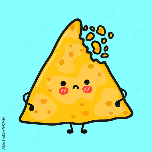 Cute sad nachos character. Vector hand drawn cartoon kawaii character illustration icon. Isolated on Blue background. Nachos character concept