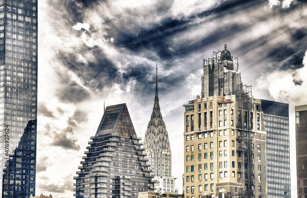 New York City at sunset, beautiful sky over city skyscrapers, USA