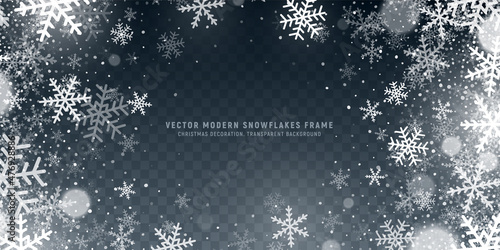 Vector Modern Snowflakes Frame Overlay On Transparent Background. Winter Decoration Translucent Swirl Snow Effect Abstract Wide Wallpaper. Christmas Time Yule Noel And New Year Eve Art Illustration