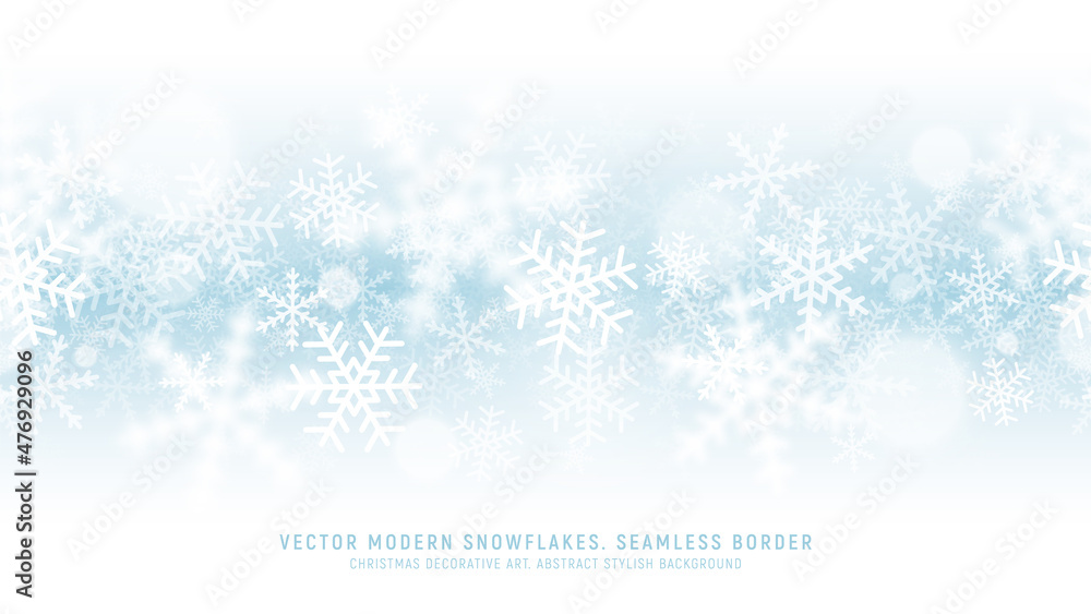 Vector Modern Snowflakes Seamless Border Vector Light Blue Abstract Background. Winter Decoration Soft Elegant Snow Endless Pattern Wide Wallpaper. Christmastime Noel And New Year Eve Art Illustration