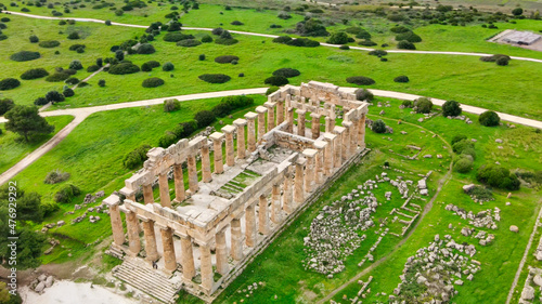 Selinunte, Sicily, Italy. Acropolis of Selinunte on the south coast of Sicily in Italy. Aerial view from drone.