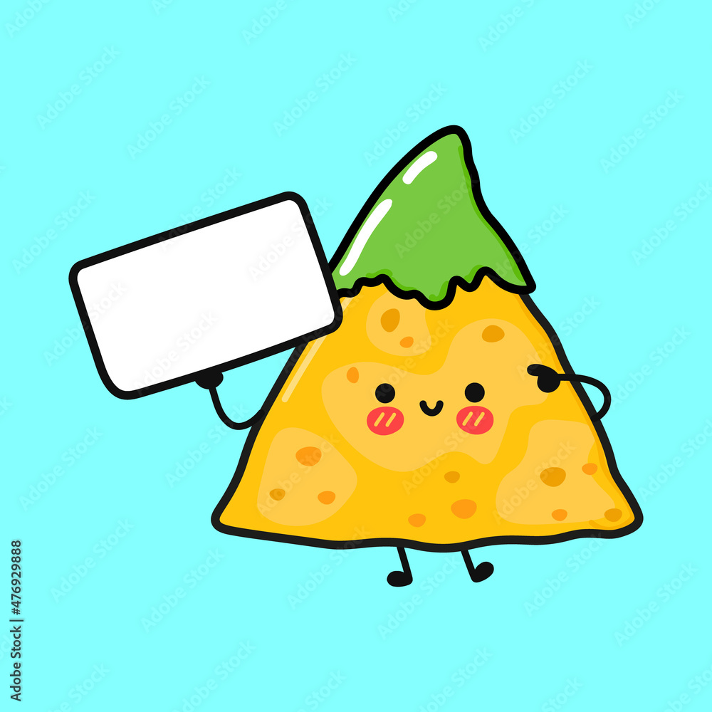 Cute funny nachos with poster. Vector hand drawn cartoon kawaii illustration icon. Isolated on blue background. Nachos think concept Cute funny nachos with poster. Vector hand drawn cartoon kawaii illustration icon. Isolated on blue background. Nachos think concept