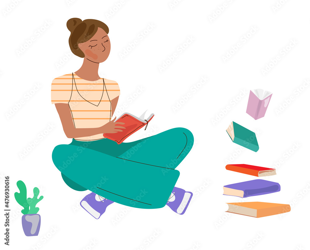 Young woman sitting and reading a book, with a flying stack of books. Reading, study concept. Girl student with books is drawn in modern cartoon style. vector illustration Young woman sitting and reading a book, with a flying stack of books. Reading, study concept. Girl student with books is drawn in modern cartoon style. vector illustration