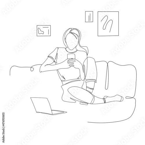Young woman or girl using smartphone writes or speaks at home. Woman with laptop and smartphone sits on the sofa, drawing in outline contour style. Communication concept.Vector illustration
