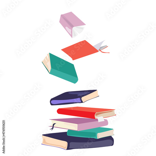 Stack of different colorful books flying, isolated on white background.World book day. Educational vector illustration