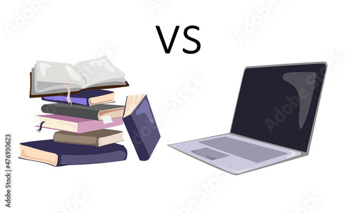 Laptop vs stack of books.Vector illustration of heap of books with laptop isolated on white background. Education concept.