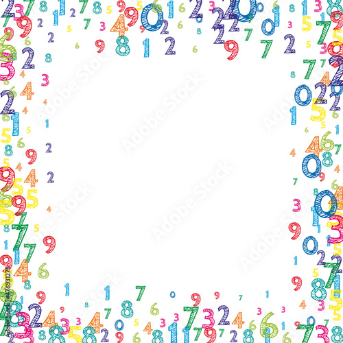 Falling colorful orderly numbers. Math study concept with flying digits. Curious back to school mathematics banner on white background. Falling numbers vector illustration. © Begin Again