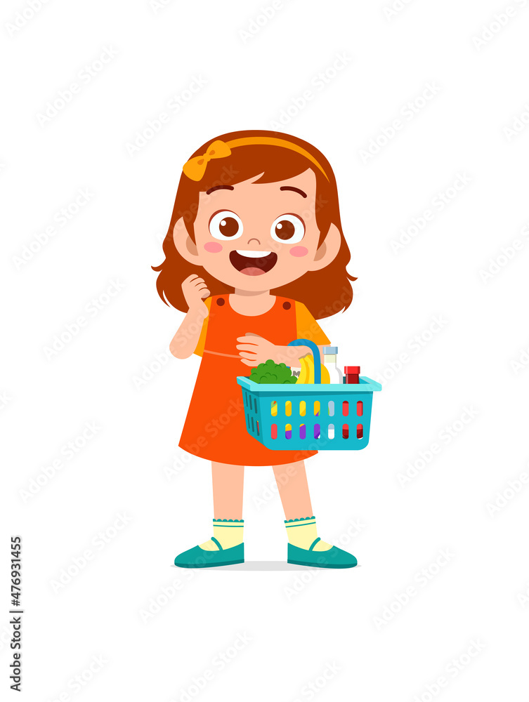 cute little girl carry basket full of groceries cute little girl carry basket full of groceries