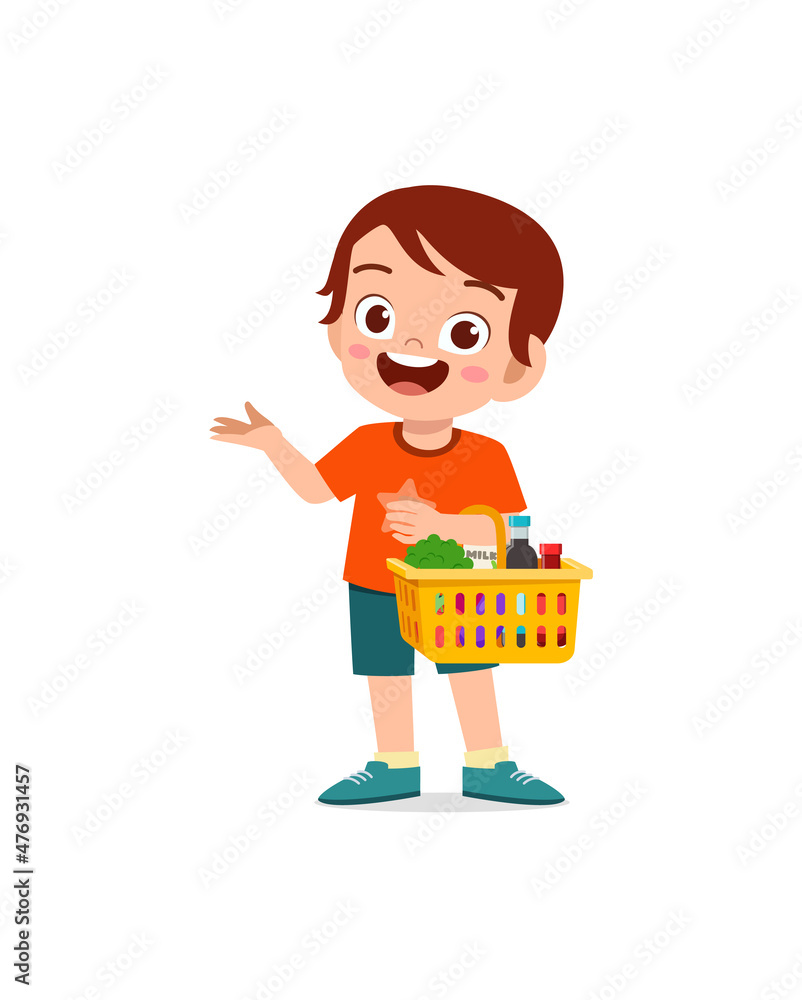 cute little boy carry basket full of groceries cute little boy carry basket full of groceries