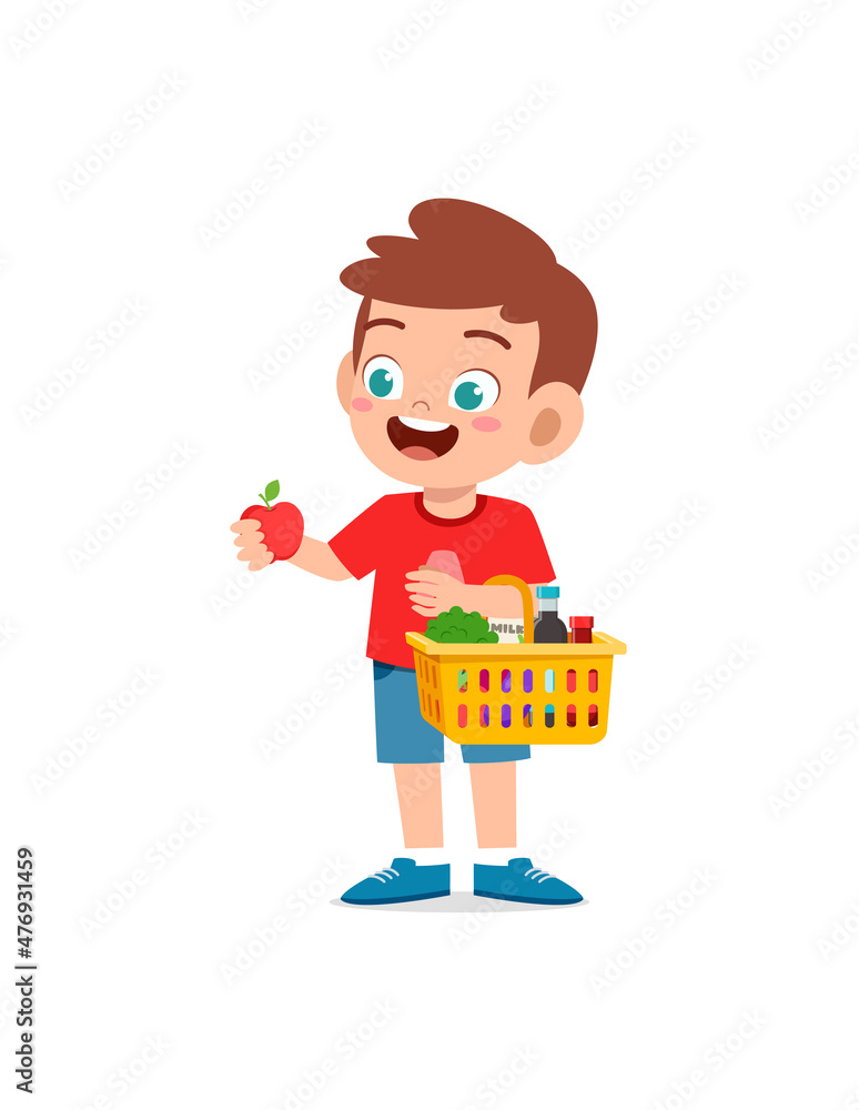 cute little boy carry basket full of groceries cute little boy carry basket full of groceries