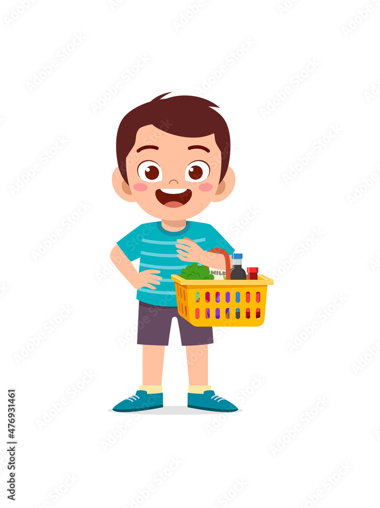 cute little boy carry basket full of groceries cute little boy carry basket full of groceries