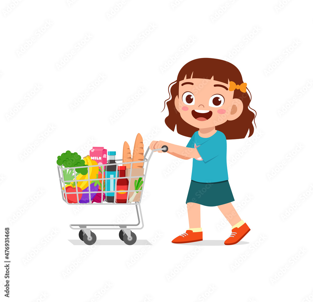 cute little girl push shopping cart full of groceries cute little girl push shopping cart full of groceries