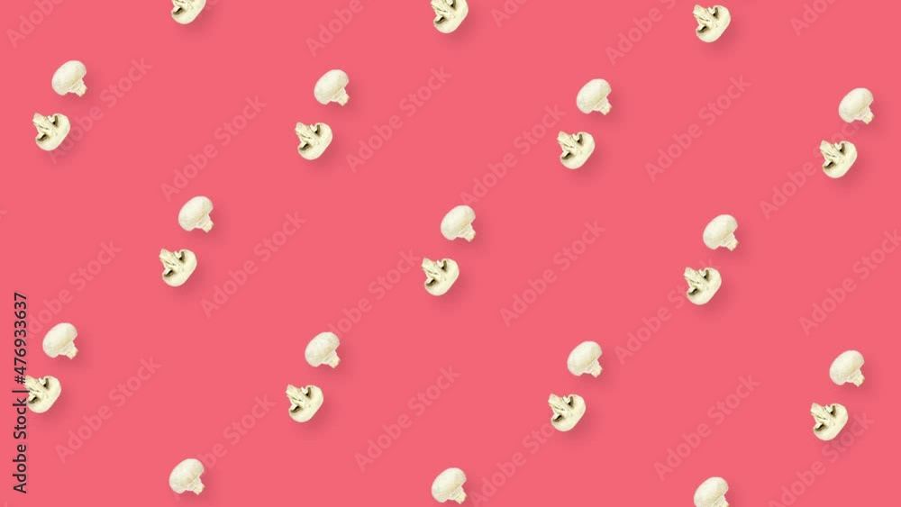 Colorful pattern of fresh rotating mushrooms. Seamless pattern with champignon sliced. Realistic animation. 4K video motion Colorful pattern of fresh rotating mushrooms. Seamless pattern with champignon sliced. Realistic animation. 4K video motion