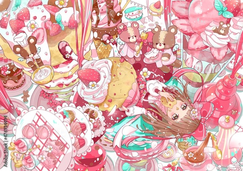a girl surrounded by a lot of sweets and bears
