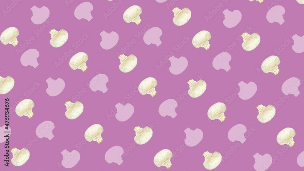 Colorful pattern of fresh mushrooms on pink background. Seamless pattern with champignon. Top view. Pop art design. Realistic animation. 4K video motion