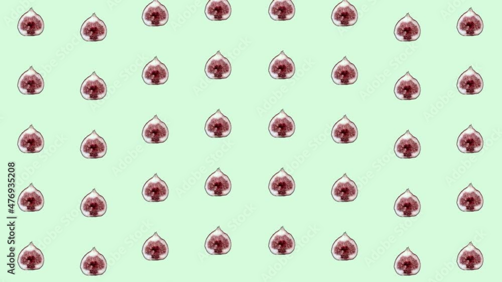Colorful fruit pattern of fresh figs. Seamless pattern with fig sliced. Realistic animation. 4K video motion Colorful fruit pattern of fresh figs. Seamless pattern with fig sliced. Realistic animation. 4K video motion