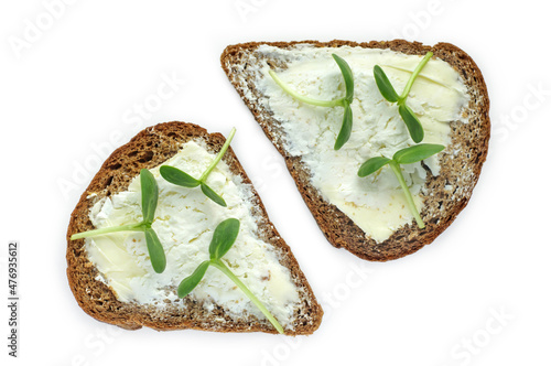 Rye toast sandwiches with micro green sunflower and cream cheese on a white plate. Healthy vegetarian food. Tasty breakfast. Micro greens as a health benefit.