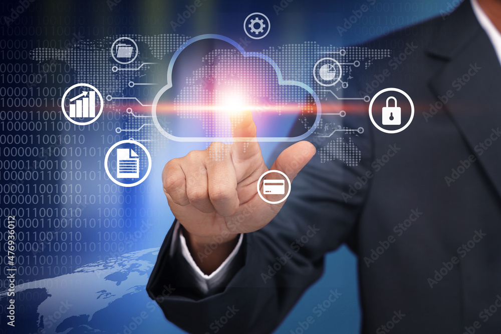 Close up of businessman hand pointing at cloud computing and with various icons. Close up of businessman hand pointing at cloud computing and with various icons.
