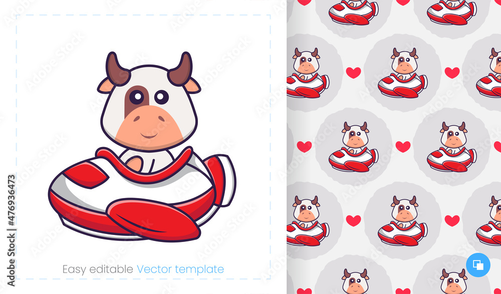 Fototapeta premium Seamless pattern with cartoon cow on white background. Can be used on packaging paper, cloth and others.