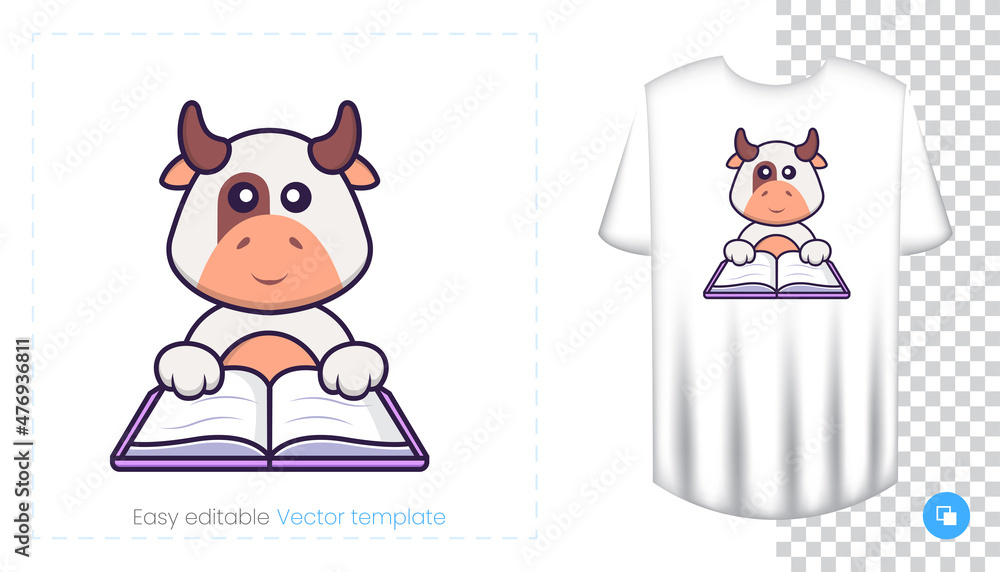 Cute cow character. Prints on T-shirts, sweatshirts, cases for mobile phones, souvenirs. Isolated vector illustration on white background. Cute cow character. Prints on T-shirts, sweatshirts, cases for mobile phones, souvenirs. Isolated vector illustration on white background.