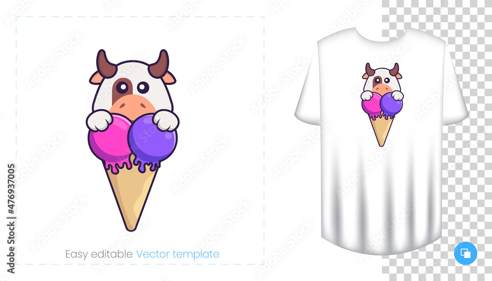 Cute cow character. Prints on T-shirts, sweatshirts, cases for mobile phones, souvenirs. Isolated vector illustration on white background. Cute cow character. Prints on T-shirts, sweatshirts, cases for mobile phones, souvenirs. Isolated vector illustration on white background.