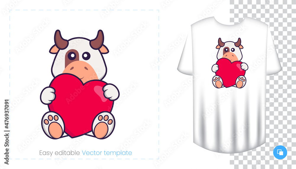 Cute cow character. Prints on T-shirts, sweatshirts, cases for mobile phones, souvenirs. Isolated vector illustration on white background. Cute cow character. Prints on T-shirts, sweatshirts, cases for mobile phones, souvenirs. Isolated vector illustration on white background.