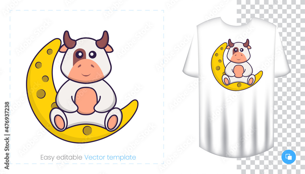 Cute cow character. Prints on T-shirts, sweatshirts, cases for mobile phones, souvenirs. Isolated vector illustration on white background. Cute cow character. Prints on T-shirts, sweatshirts, cases for mobile phones, souvenirs. Isolated vector illustration on white background.