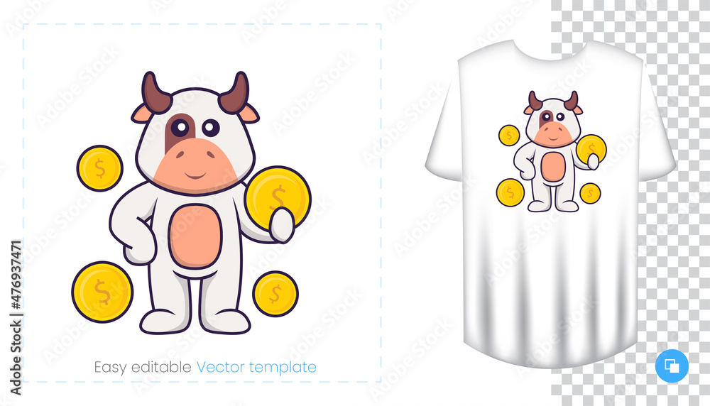 Cute cow character. Prints on T-shirts, sweatshirts, cases for mobile phones, souvenirs. Isolated vector illustration on white background. Cute cow character. Prints on T-shirts, sweatshirts, cases for mobile phones, souvenirs. Isolated vector illustration on white background.