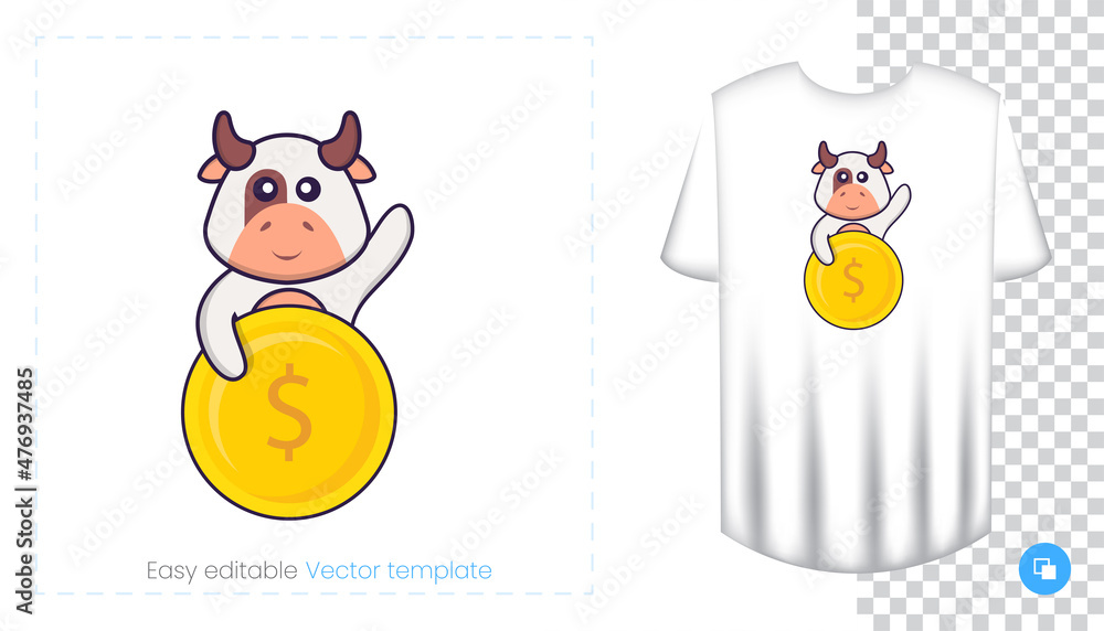 Cute cow character. Prints on T-shirts, sweatshirts, cases for mobile phones, souvenirs. Isolated vector illustration on white background. Cute cow character. Prints on T-shirts, sweatshirts, cases for mobile phones, souvenirs. Isolated vector illustration on white background.