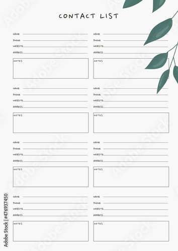 contact list planner templates modern design with green plants A4