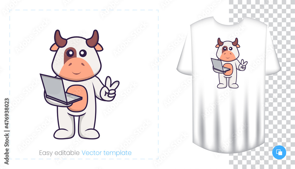 Cute cow character. Prints on T-shirts, sweatshirts, cases for mobile phones, souvenirs. Isolated vector illustration on white background. Cute cow character. Prints on T-shirts, sweatshirts, cases for mobile phones, souvenirs. Isolated vector illustration on white background.