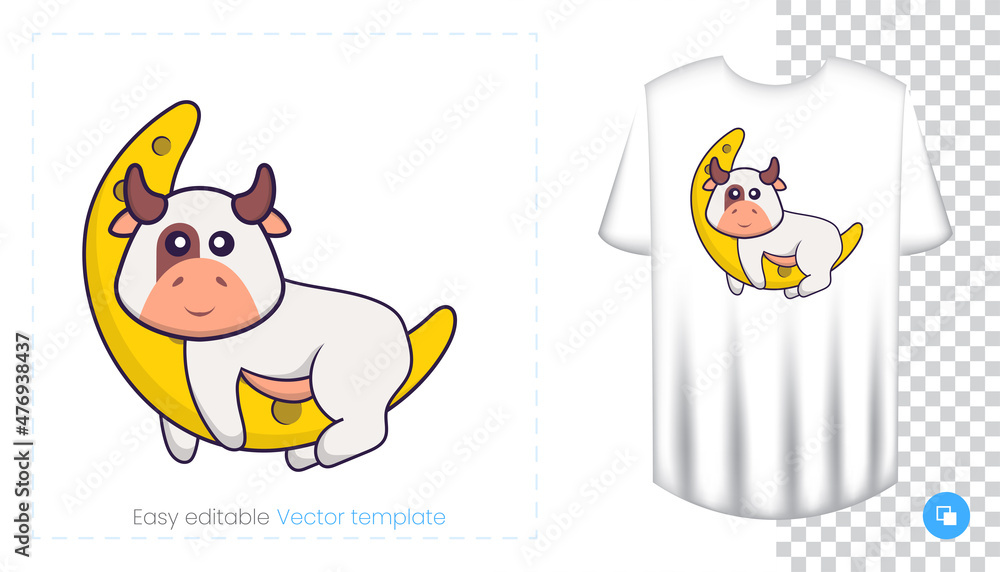 Cute cow character. Prints on T-shirts, sweatshirts, cases for mobile phones, souvenirs. Isolated vector illustration on white background. Cute cow character. Prints on T-shirts, sweatshirts, cases for mobile phones, souvenirs. Isolated vector illustration on white background.