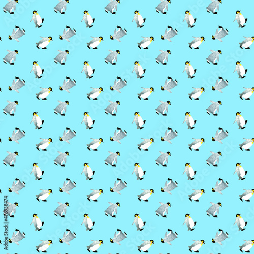 キングペンギンのシームレスパターン 手描き水彩イラストの背景素材 かわいいアニマル柄テキスタイル