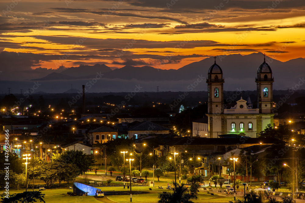 Panoramic view of the city of Iguape, in the state of Sao Paulo, one of the oldest in Brazil, highlighting the Lord Bom Jesus Sanctuary at afternoon