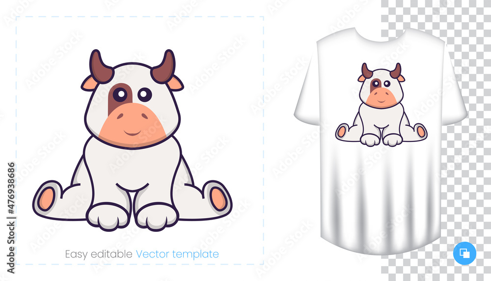 Cute cow character. Prints on T-shirts, sweatshirts, cases for mobile phones, souvenirs. Isolated vector illustration on white background. Cute cow character. Prints on T-shirts, sweatshirts, cases for mobile phones, souvenirs. Isolated vector illustration on white background.