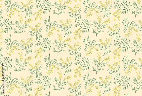 ミモザの花柄の黄背景の壁紙 