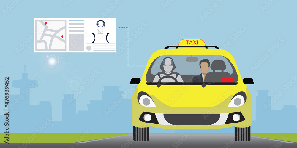 AI robot driving a taxi in the city street. AI robot driving a taxi in the city street.