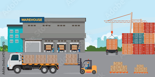 Logistic warehouse with storage truck, workers processes of transportation loading.