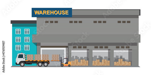 Warehouse storage with boxes and forklift.Industrial factory commercial storage.