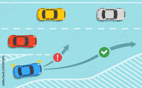 Safety car driving rules. Dangerous and safety entering to major roadway or highway. Correct and incorrect method for merging. Flat vector illustration template.