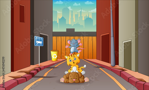 Cartoon pet animals in the middle of road