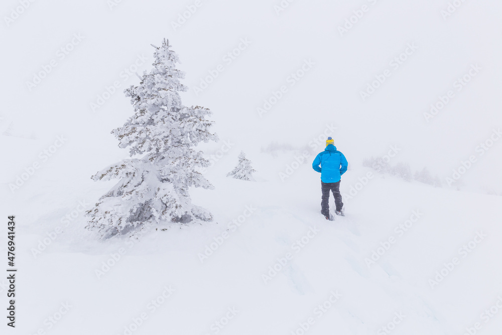 Hiker snowshoeing through high contrast trees in a snow storm fog