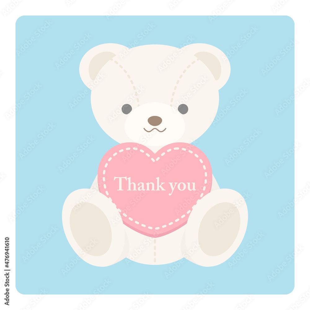 Vector illustration of white teddy bear holding a heart and lettering - Thank you.